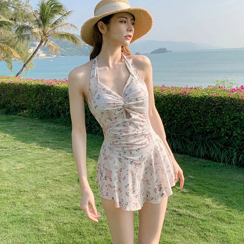 Women Hanging Neck Sweet Cute Swimwear Sexy One-piec Beach Wear Swim Suit Beach Dress Swimsuit High Waist Bathing Suit For Girls - 3KDyn